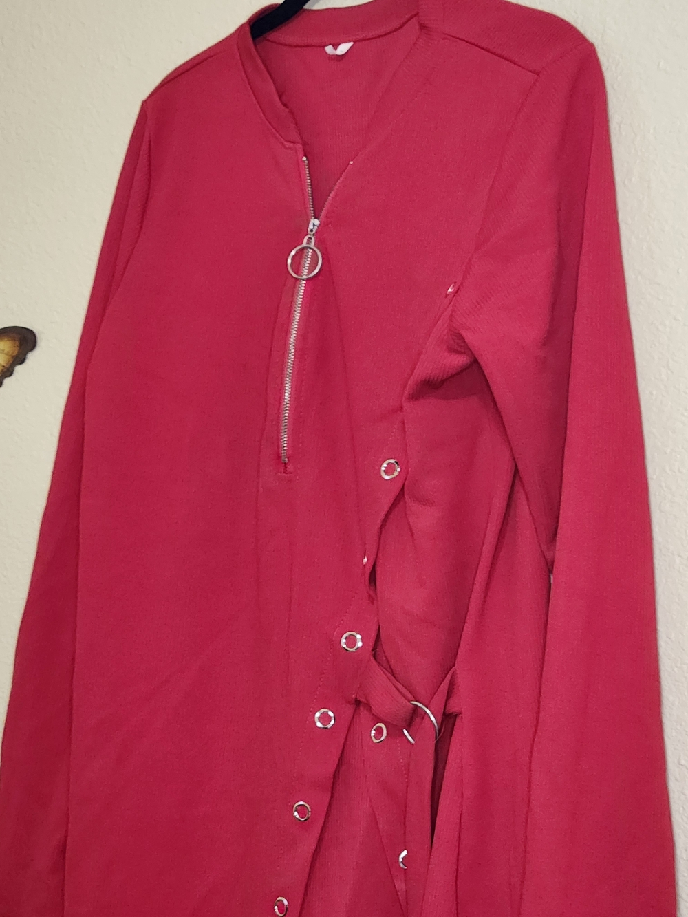 Red Ribbed Half-Zip Side-Grommet Long Sleeve Dress - XL